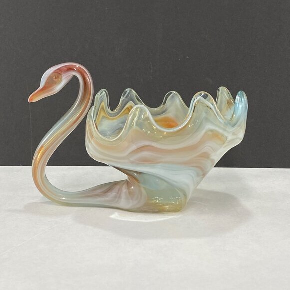 Vintage Blown Art Glass Swan Bowl Sooner Style Orange White - Picture 1 of 10
